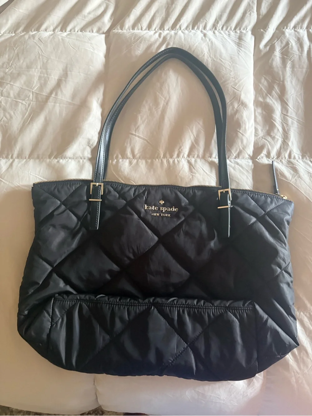 kate spade Black Quilted Nylon Tote with Gold Logo Accent